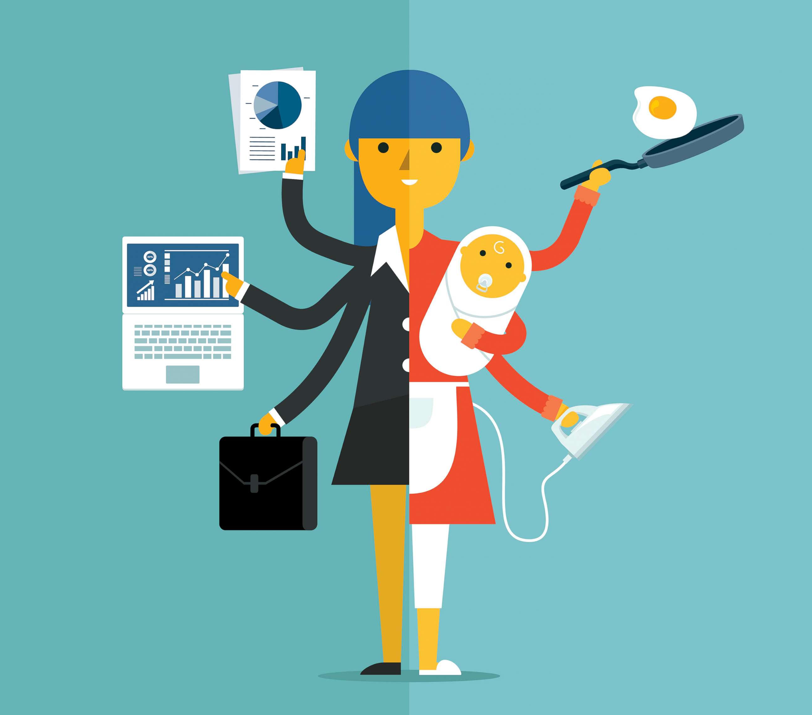 PHOTO: businesswoman and mother, career and motherhood divided.