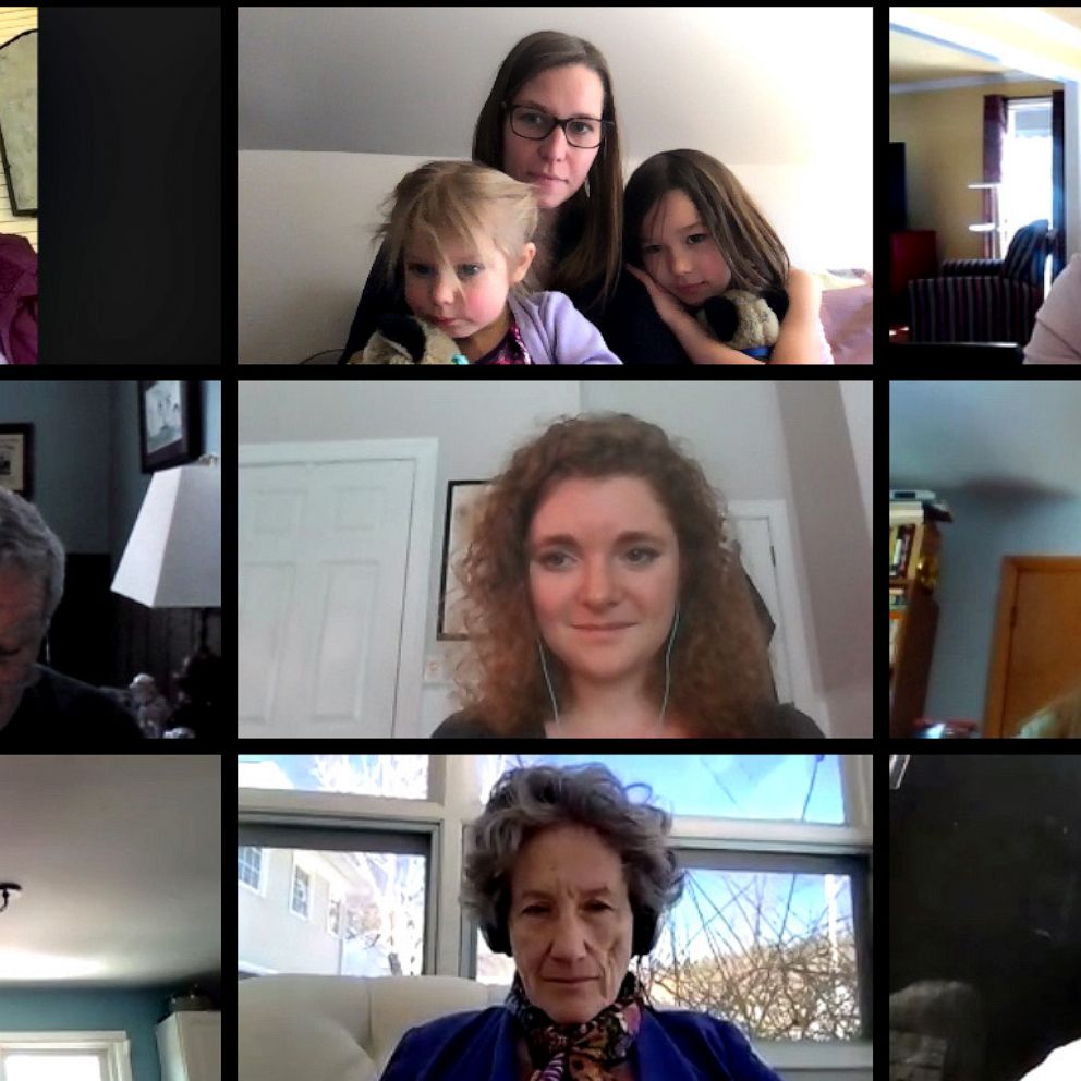 PHOTO: Sara Persechino, center, is joined by her two daughters (top, center) on a Zoom call in Persechino's former job in New Hampshire state government