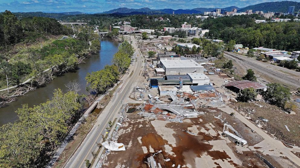 PHOTO: An aerial view of flood damage along the French Broad River in the aftermath of Hurricane Helene on Oct. 2, 2024, in Asheville, North Carolina.